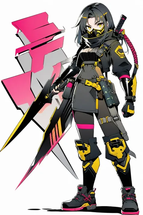 cyberpunk ninja action novel。One female ninja。((white background illustration ))。(( full body illustration))。(( standing))。cyberpunk ninja mask。Executioner Style Outfit。Wear protectors on your elbows and knees。tricolor color with black and gold and gray。