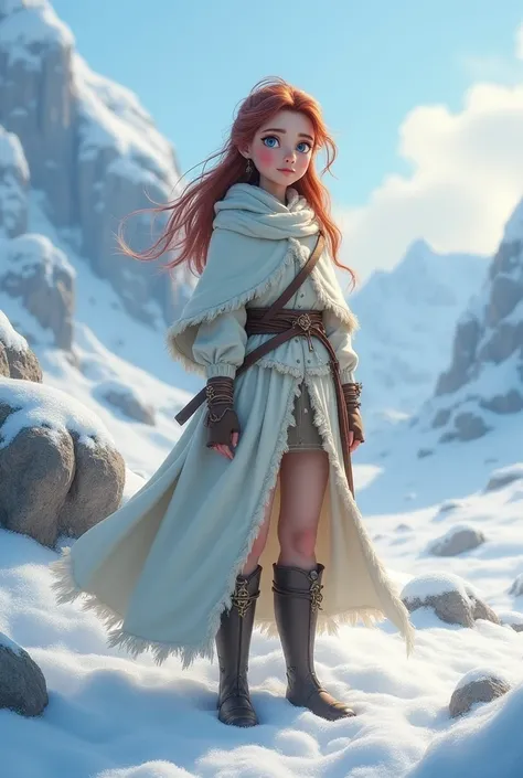 1girl, portrait, style is disney-pixar, active, dynamic posture, beautiful tall and elegant princesses, nomad, unbridled hatred, tense scene, traditional costume, white cloak, akinakes, sagaris, beautiful tundra landscape, rocks with fresh snow, disney-pix...