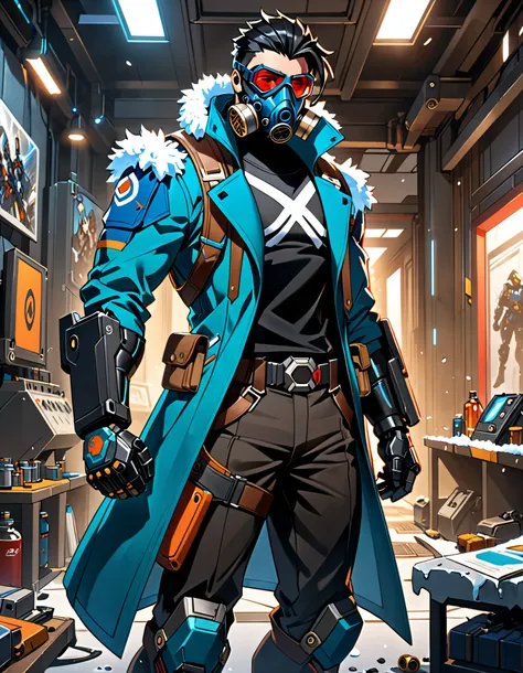 masterpiece, best quality, high res, highly detailed, 4k, perfect anatomy, a close up of a person holding a ((teal-colored gun)) in a room, soldier 7 6 from overwatch, trigger anime artstyle, character art the contra, badass anime 8 k, baptiste from overwa...