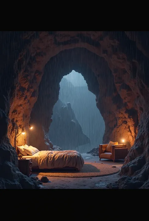 draw me a picture of the bedroom in the cave and outside it's raining