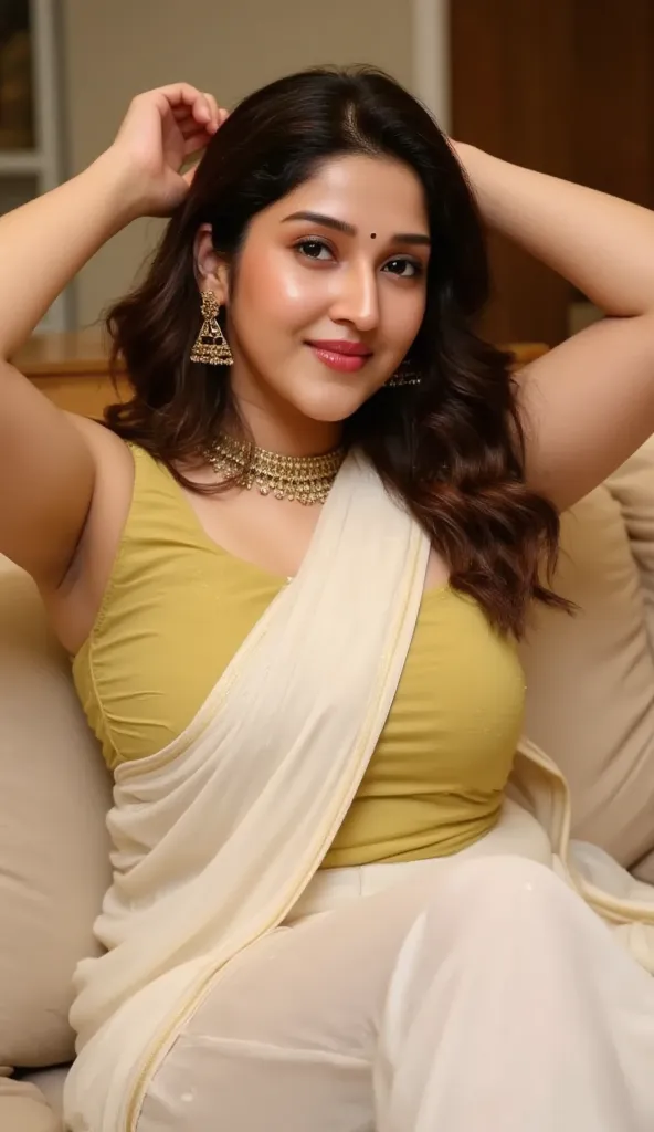 (photorealism:1.2), (photorealism:1.5), A full length very beautiful and curvy women lying on couch while pushing herself on it, she wearing white cotton  saree with conservative light yellow  blouse, conservative , both arms raised above her head, perfect...