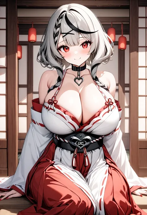 (top quality , 8k , masterpiece , incredibly absurdres , perfect body , super detailed skin , highly detailed eyes and face , 1 woman ) ,  Sakamata Chloe , Silver Hair , red eyes , smile ,  will be happy , ( shrine maiden ,  White Yukata , red hakama , Jap...