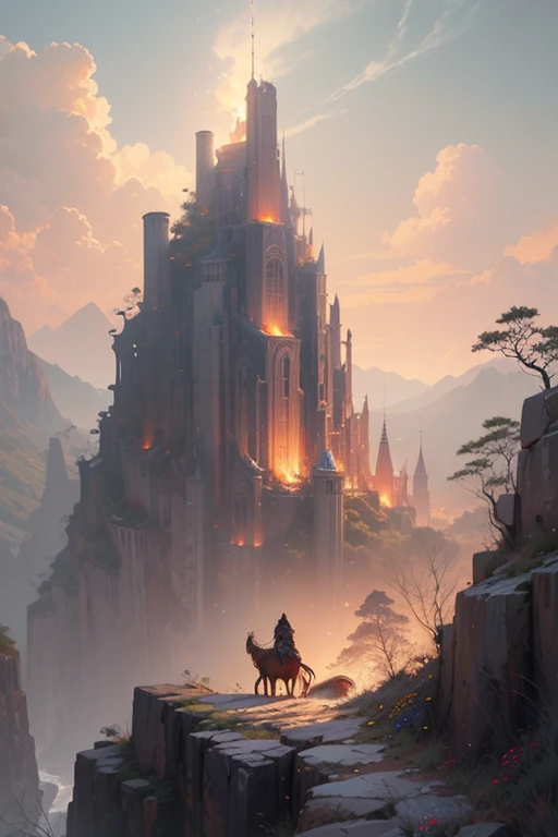  masterpiece, fantasy environment, bottomless abyss, colorful flowers and giant trees. dragon flying in the sky .  beautiful sky and rocks in the distance. Adventure landscape .  Top quality ,  Detailed.