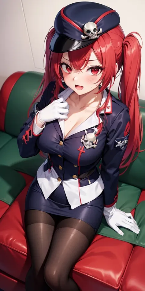  1 female,High Definition,High resolution,  ultra-realistic  ,8K, 1 girl, Alone , red hair,  red eyes,  twin tails,  employee uniform, Pencil skirt,  Skull print , Navy cap, fang, black clothing for legs,  white gloves,  big breasts,European,sexy, Close-up...