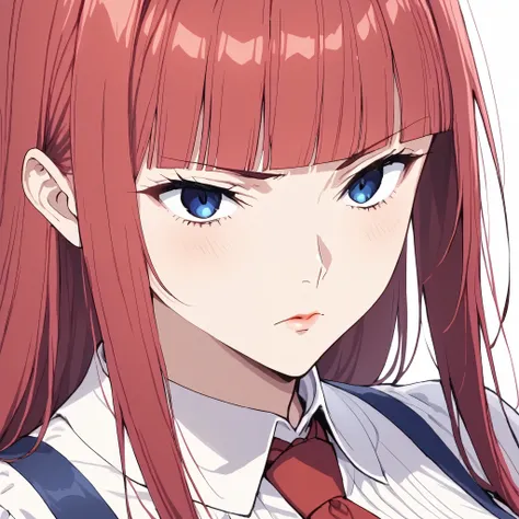 、、 、Red hair heroine、1girl  ,Red hair heroine face、 adult female, blue eyes,Mature Women,
Straight hair,Long hair ,Red Hair, blunt bangs,Sharp Eyes, blue eyes, white background、light blush, light pinck lips,Blue suspenders, red tie, White blouse with colla...