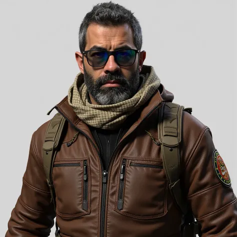 ((Masterpiece)), ((Ultra-detailed 3D character render)), ((8K resolution)), ((realistic tactical FPS game character)), BREAK.  
A **hardened veteran soldier**, standing in a **confident, battle-ready stance**, wearing a **worn brown leather jacket** with v...