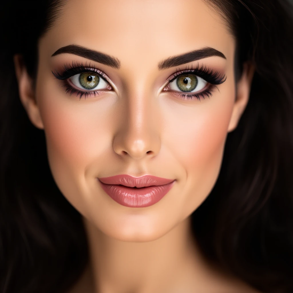 Hyper realistic 4k,  masterpiece, natural skin look, face photograph with features very similar to actress Megan Fox,  face, lined eyebrows populated, bigger eyes hazel green, long eyelashes, thick and defined lips, seductive smiley look, coquette 