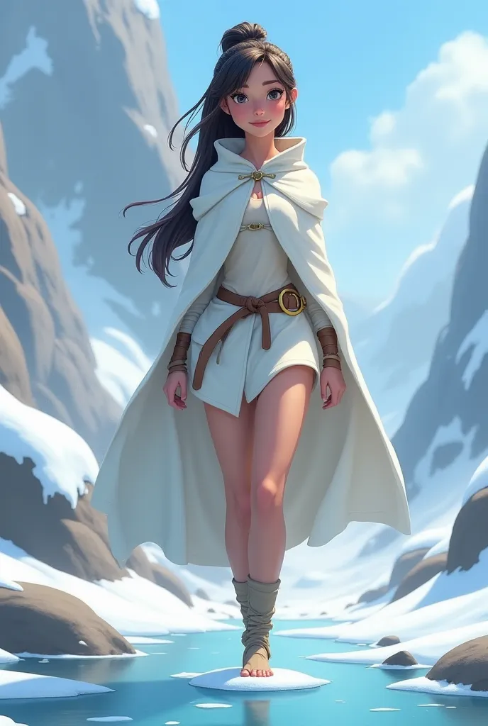 1girl, portrait, style is disney-pixar, active, dynamic posture, beautiful tall and elegant princesses, nomad, unbridled hatred, tense scene, short white tunic, white cloak, akinakes, sagaris, beautiful tundra landscape, rocks with fresh snow, disney-pixar...