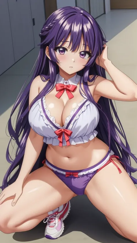 8k Masterpiece ,   of the highest quality  ,  High Definition ,    very detailed face ,  Whole body, One,   chica, Chizuru-chan,  sexy,  purple hair ,   long wavy hair,  big breasts ,  strappy blouse,  Blue panties, white tennis shoes 