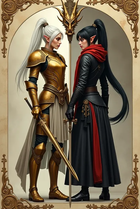 a gaming card with opposite subjects mirrored at the waist obliquously, top half a white ponytail haired elf in gold armor holding a longsword, the card seed a dragon head, bottom half a black ponytail haired elf in black trench and red scarf holding a dag...