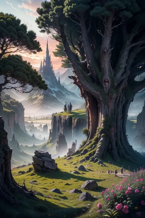  masterpiece, fantasy environment, bottomless abyss, colorful flowers and giant trees.  Beautiful sky and rocks in the distance. Adventure landscape .  Top quality ,  Detailed.