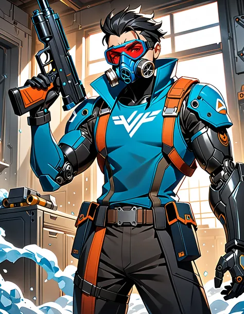 masterpiece, best quality, high res, highly detailed, 4k, perfect anatomy, a close up of a person holding a gun in a room, soldier 7 6 from overwatch, trigger anime artstyle, character art the contra, badass anime 8 k, baptiste from overwatch, guilty gear ...