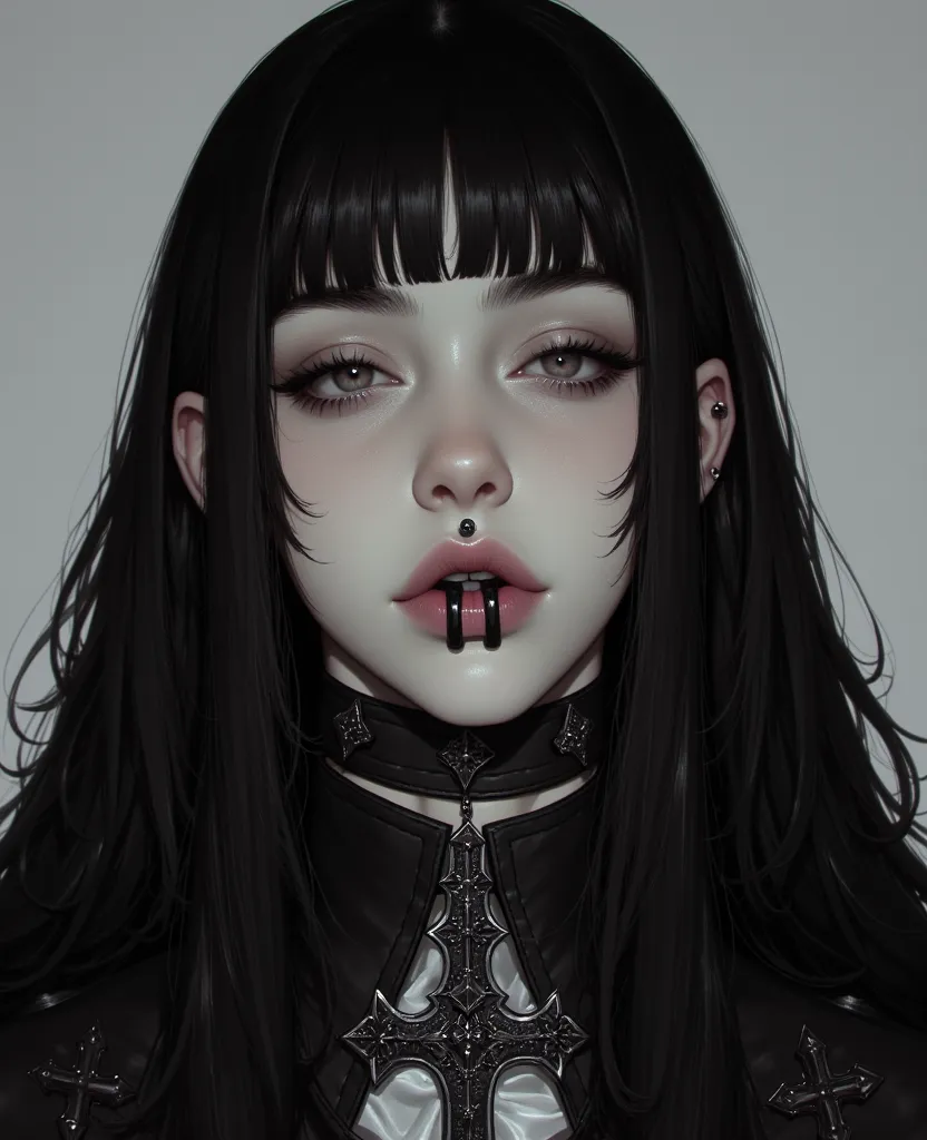 That's an image of a handsome boy, White-skinned with long black hair, he has full lips adorned with two lip piercings, He has long, straight black hair, Wear gothic and punk style clothes 