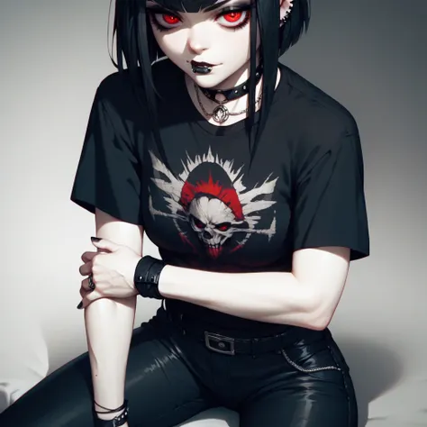 A ash pale skin goth girl long black bob long fringe hair red eyes,black goth shirt,black cargo pants, bulging veins,black wristbands