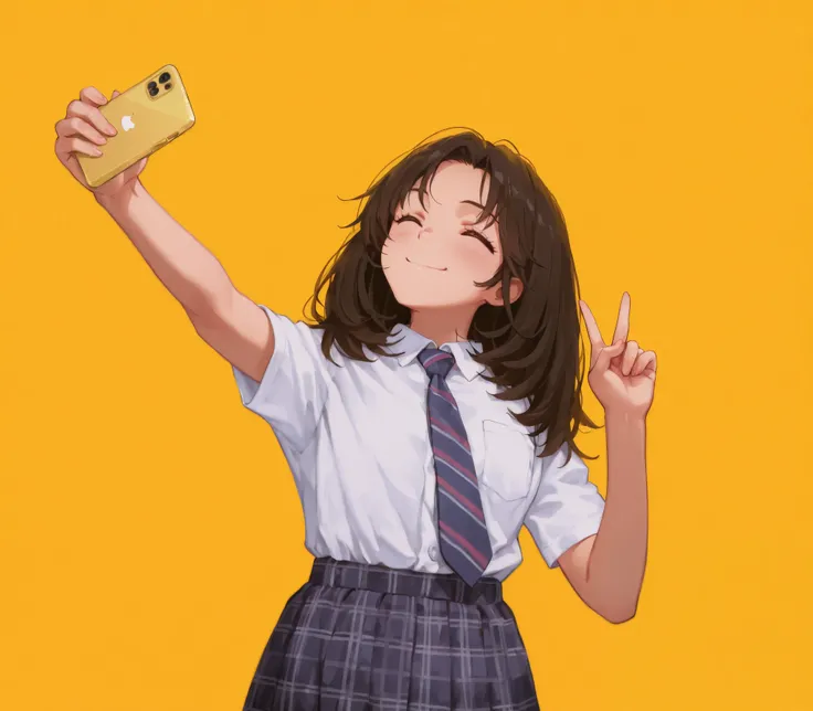 Masterpiece, hd, 1girl, 2d, anime, wearing uniform, plaid skirt, necktie, smile, medium hair, posting fingers, holding phone, standing, indoor