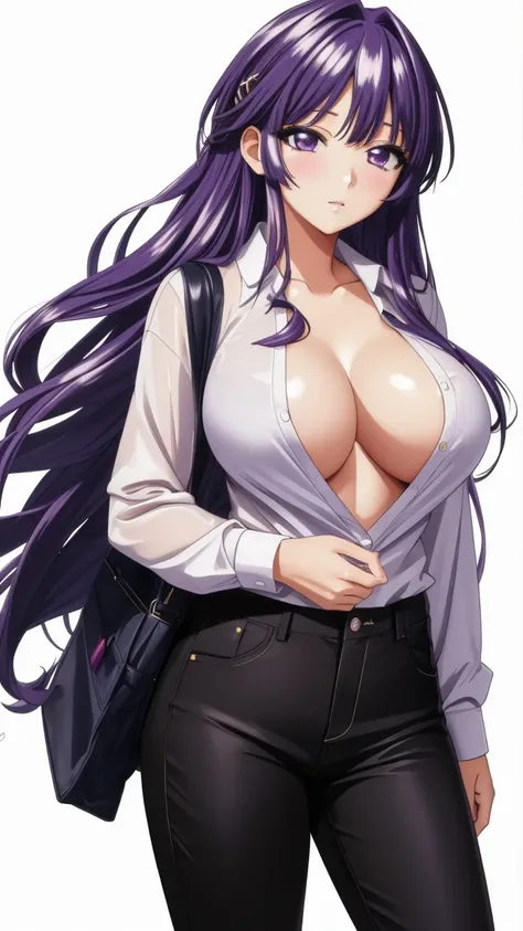 8k Masterpiece ,   of the highest quality  ,  High Definition ,    very detailed face ,  Whole body, One,   chica, Chizuru-chan,  sexy,  purple hair ,   long wavy hair,  big breasts ,  open shirt, black pants and tight 