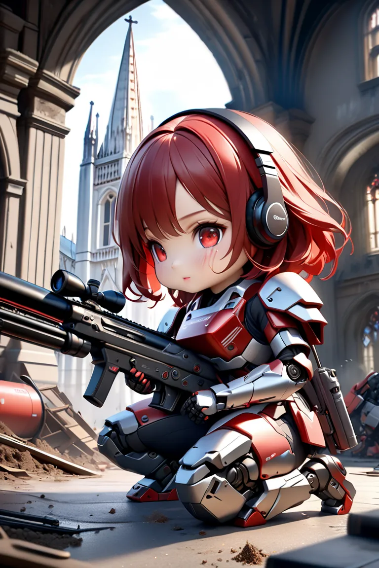  ( bestquality,4K,8k, highres,masterpiece:1.3),ultra-detailed,(realistic,photorealistic,photo-realistic:1.4),HDR,UHD, a girl with red hair in a mechanized London,(Ultra Chibi Style:1.3), An abandoned city with a view of London's cathedral、A lot of fire and...