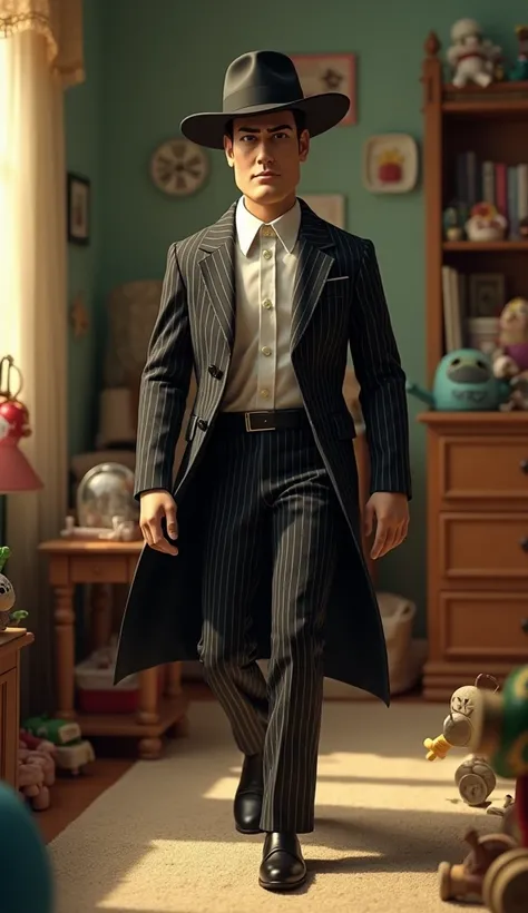 Full-body portrait of Mireneiro from Toy Story wearing Mafia clothes walking in Andy's room 