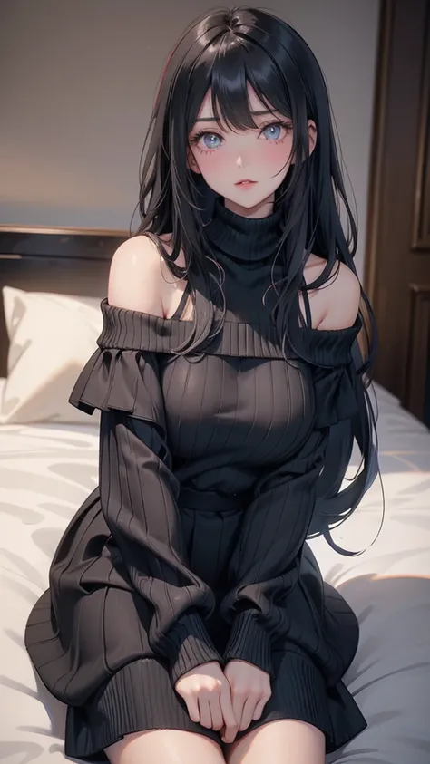 "Cute woman with long straight black hair, bangs, wearing an off-shoulder grey oversized sweater. She is sitting on a bed, her enchanting eyes and parted lips display a seductive and alluring expression, enhanced by a deep blush. She is a hood friend who h...