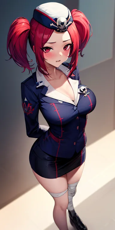  masterpiece, bandages,  Ultra-detailed,  illustration, masterpiece, bandages, High resolution, High resolution, 1 girl, Alone , red hair,  red eyes,  twin tails,  employee uniform, Pencil skirt,  Skinny skirt , miniskirt, Skull print , Navy cap, fang, bla...