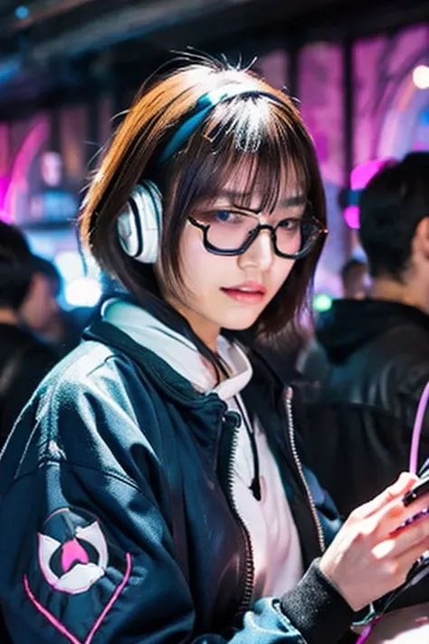 A Japanese Lady, glasses, dj, with headphone, in the club, cyber punk, kawaii, very short cut, crowds around, riders jacket