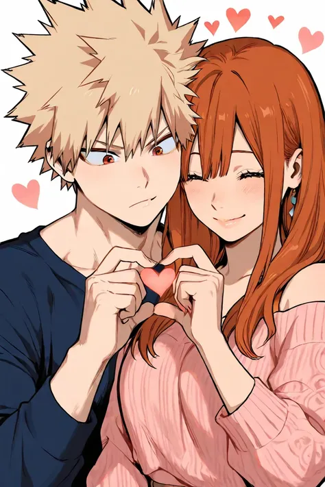 bakugo katsuki, girl with long auburn hair, couple, detailed, cute, making heart with hands