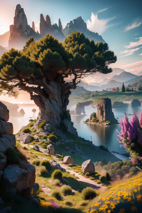  masterpiece, fantasy environment, bottomless abyss, colorful flowers and giant trees. Beautiful sky and rocks in the distance. Adventure landscape .  Top quality ,  Detailed.