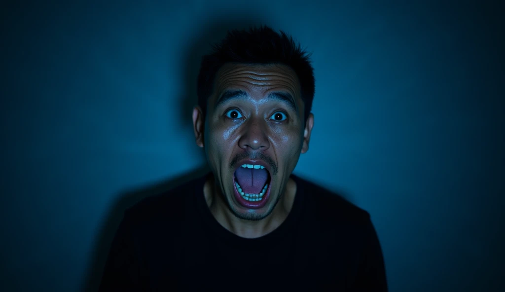 professional photo, 40 year old man from Indonesia, wearing a black t-shirt, with eyes bulging, mouth wide open with a shocked expression, in a room, at night, with a blue silhouette