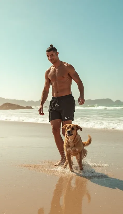  Cristiano Ronaldo, playing with a brown dog,  without a shirt, he is wearing shorts, without shoes,  beach background, very real,  very detailed