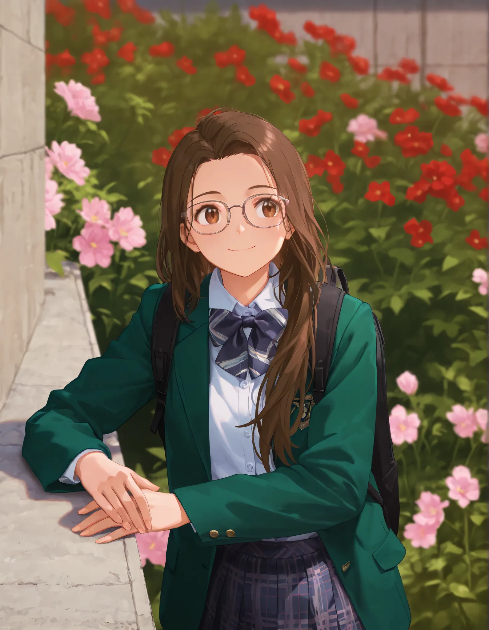 Masterpiece, hd, 1girl, 2d, anime, wearing green blazer, white collared shirt, bow tie plaid skirt, wearing glasses, wearing backpack, smile, medium hair, brown eyes, Standing, outdoor 