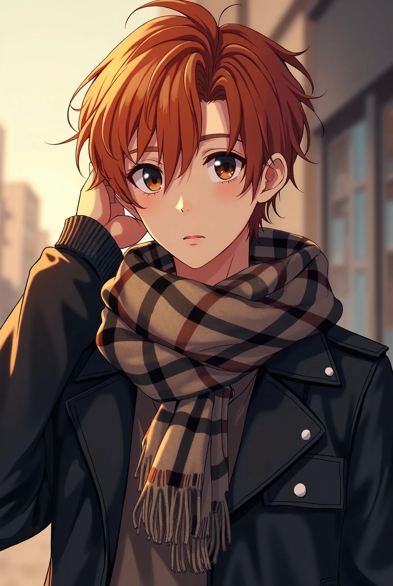 Create an Anime-style illustration of a sweet man with tousled orange hair and dark brown eyes. He wears a stylish black leather jacket and A stylish checkered scarf wrapped loosely around the young man’s neck, featuring a black, beige, and brown color pat...