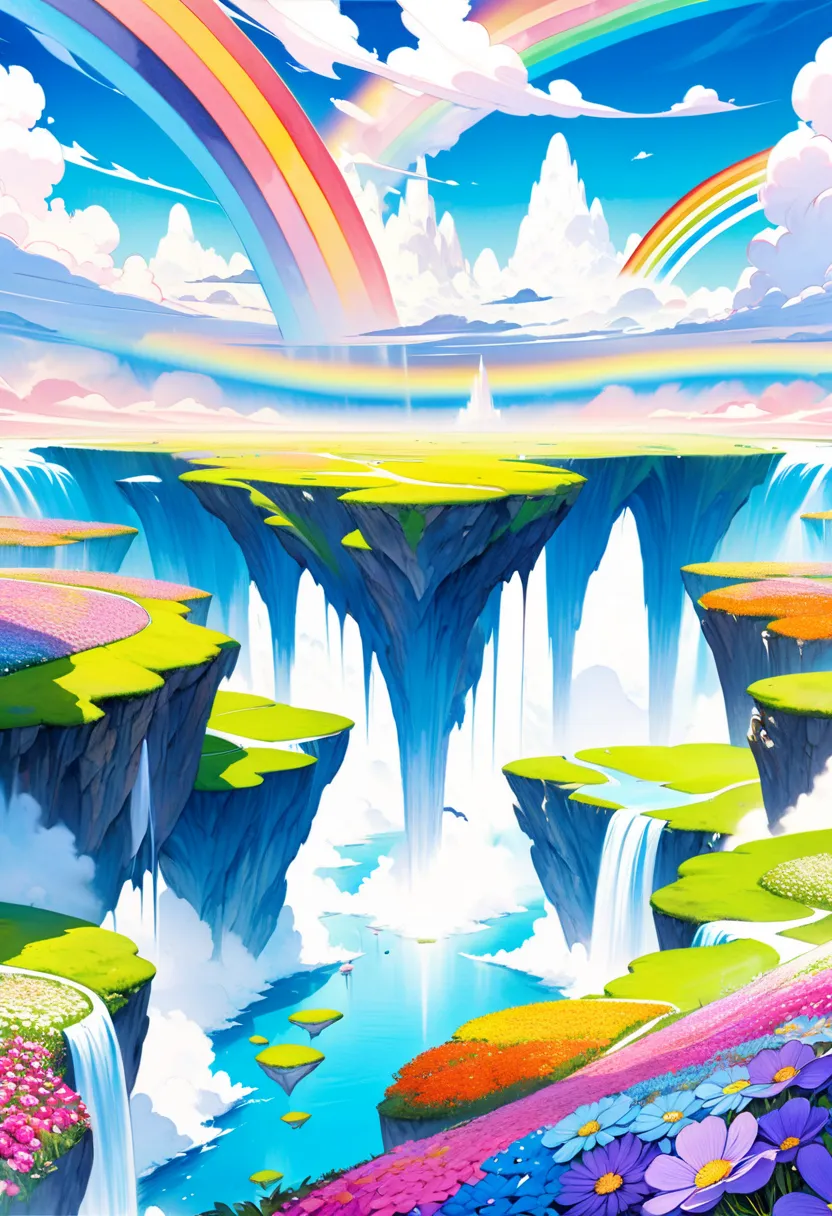 Anime Conceptual installation art combining watercolors, acrylics and collage. Landscape painting only, ultra detailed, absolute resolution, masterpiece. Wide angle aerial background of vibrant pastel colored flower fields. Wonderland world view. Cascading...