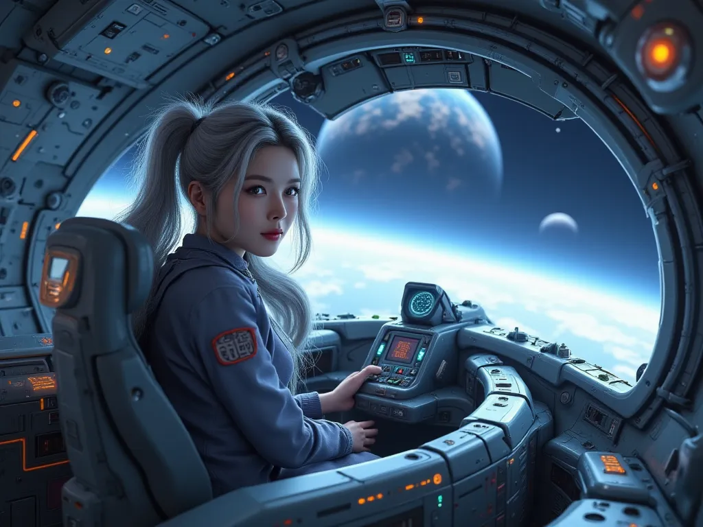 a masterpiece ,Space and astronauts, tied wavy silver hair, blue eyes , a female astronaut Inside the high tech spacecraft cockpit,she pilot the space ship. futuristic high tech space station, behind her are window show planet earth , full of futuristic te...