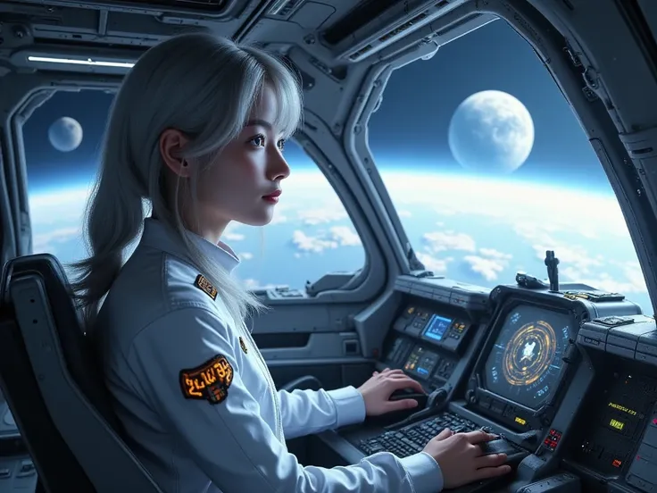 a masterpiece ,Space and astronauts, tied wavy silver hair, blue eyes , a female astronaut Inside the high tech spacecraft cockpit,she pilot the space ship. futuristic high tech space station, behind her are window show planet earth , full of futuristic te...