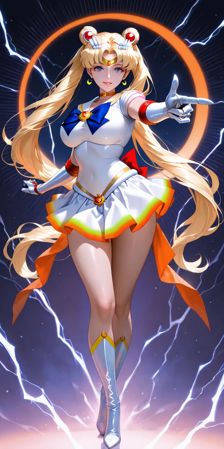 Masterpiece, newest, vibrant, very aesthetic, high contrast, mature woman, sailor moon\(sailor moon\), tall , big breast, white sailor senshi uniform (white sailor senshi uniform shirt, white sailor senshi uniform gauntlets, white sailor senshi uniform ski...