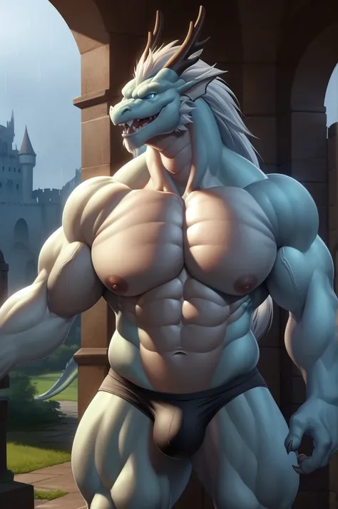 4K, HD, ( Ultra detailed), a beautiful and detailed full-body portrait of a man (muscle,  black underwear , big groin), shenron, The Wild Dragon , Shenlong, scaly , Eastern Dragon,  Chinese dragon, ( tail, white body,  Yellow skin,   white hair ,   long ha...