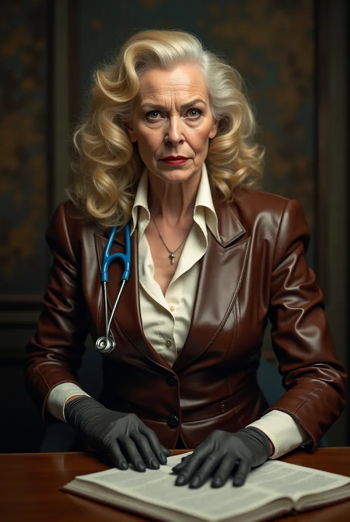 
1940s.Old Mature Fearless,(((fat bbw))) a ruthless and fearsome caucasian female criminal doctor (((85 years old)))with long blonde curly hair and amber eyes,cold menacing stare, tightening gloves in elegant men&#39;s brown leather mafia suit,shiny white ...