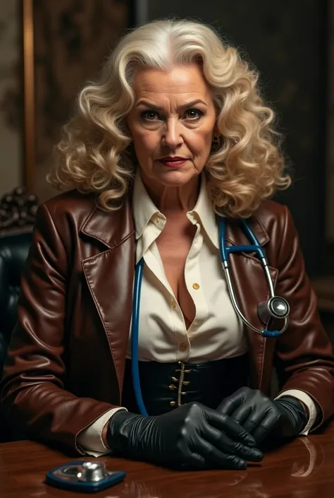 
1940s.Old Mature Fearless,(((fat bbw))) a ruthless and fearsome caucasian female criminal doctor (((85 years old)))with long blonde curly hair and amber eyes,cold menacing stare, tightening gloves in elegant men&#39;s brown leather mafia suit,shiny white ...