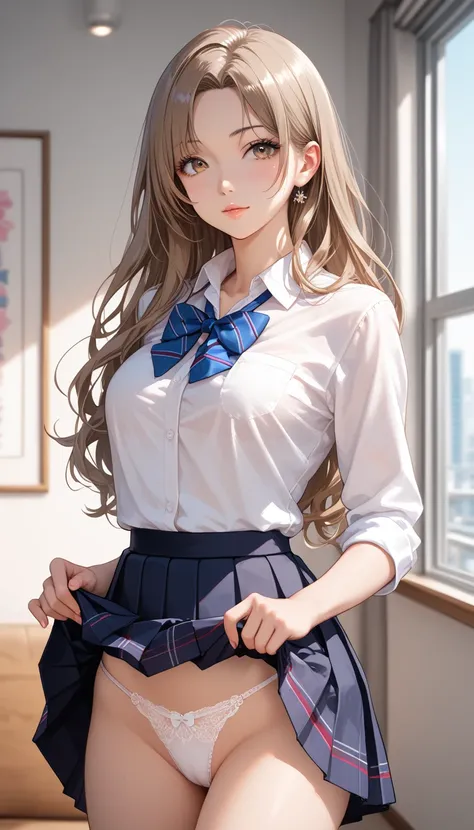 best quality, masterpiece, わきDownを見せない, Down,  No Background,  becomes transparent when you stare at it {x}, PE, front view, cowboy shot,  perfect beautiful face, Beautiful breasts,  Read more, slim, lightbrown long hair, parted bangs, collared shirt, plea...