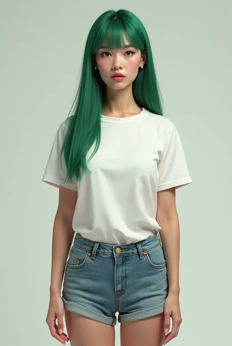 a realistic grown-up girl with green dyed long straight hair, as she slight bangs, as she stands tall, as she is wearing a white t-shirt, and she also wears jeans shorts, as she is front facing.