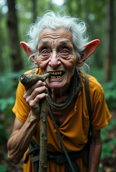  Native Brazilian old woman, extremely wrinkled skin, feia, Eyes with yellow irises,  white hair, bulky, lying on the face, wearing women's costume from the 17th century, old, Ripped in rags ,  in the foreground ,  front view, holding a thin and long smoki...