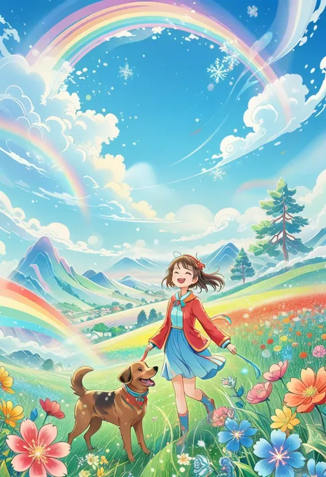 (Anime: 1.2) Cute and surreal girl with closed mouth looking happily into the camera, cute woman playing with dog, vast fields with vibrant flowers in the background, blue sky with light particles and rainbow snowflakes floating in the air. Smiling woman, ...