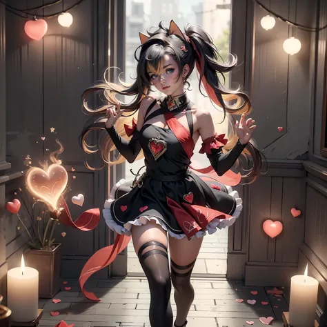 1girl, casually sitting on top of a giant red heart made of glass, holding a medium bouquet full of red roses with both hands, red and black elegant expensive outfit, high heels, full body, looking at the viewer, magical background, seductive smile, cowboy...