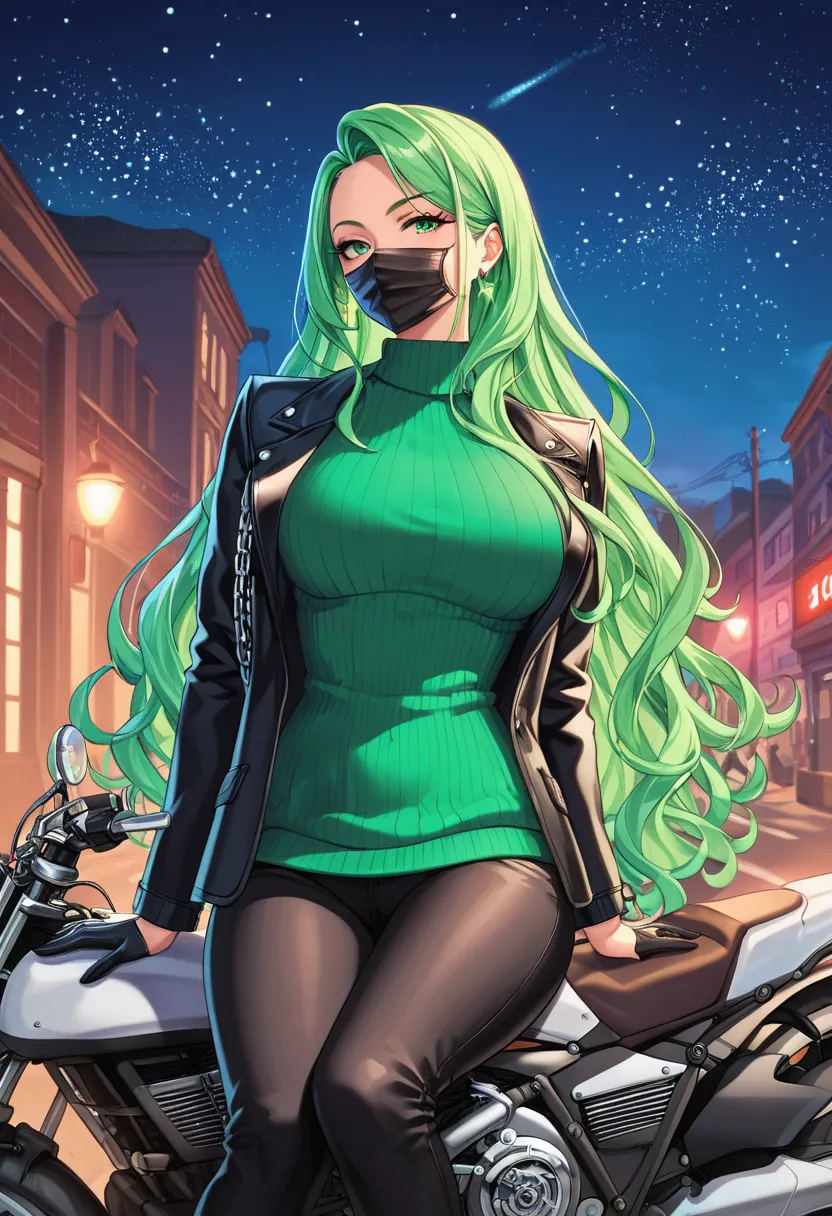  score_9, score_8_arriba, score_7_arriba,  score_6_arriba,    source    _animated, 1mature_FE, Only 1 woman ,  Seductive Look ,  black mask,  neon green hair ,   very long hair ,   green eyes ,   black jacket ,  Apollo green sweater  ,  Long sweater  ,   b...