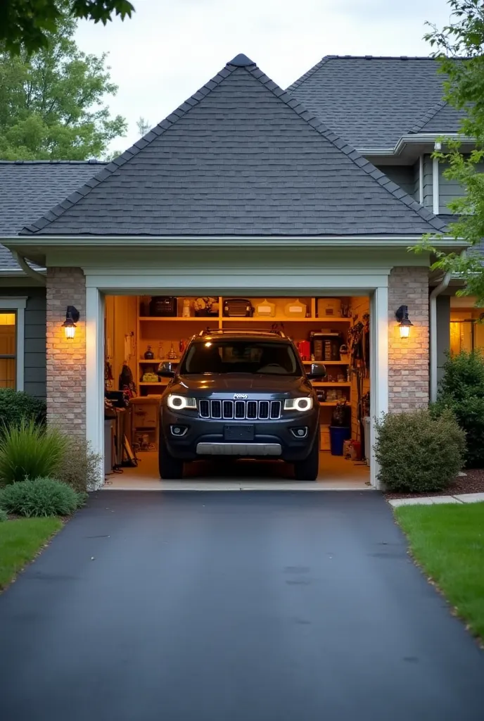 A suburban residential garage with a partially open door revealing a parked dark-colored SUV inside. The garage is part of a house with a brick facade and a sloped roof covered in dark shingles. Two white outdoor lantern-style lights are mounted on either ...