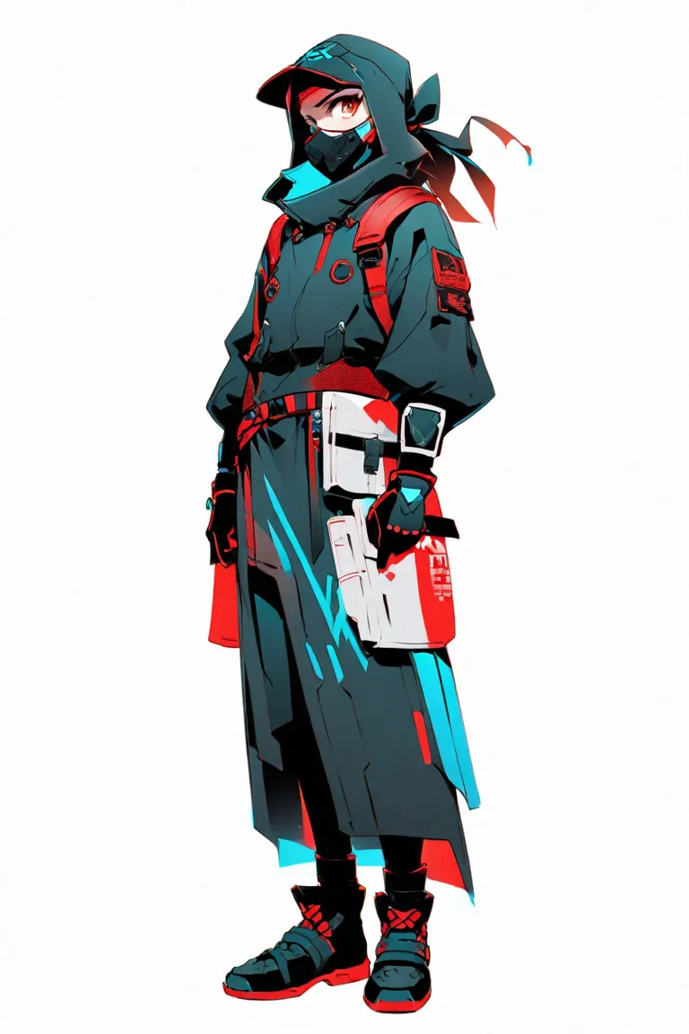 cyberpunk ninja action novel。 solo ninja。((white background illustration ))。(( full body illustration))。(( standing))。cyberpunk ninja mask。Scientist-style ninja costume。Wear protectors on your elbows and knees。Red and white and black tricolor colors。