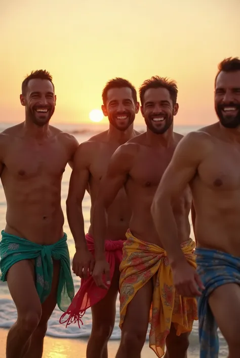 Laughing naked men wearing a sarong looking head-on at a sunset on Zipolite beach