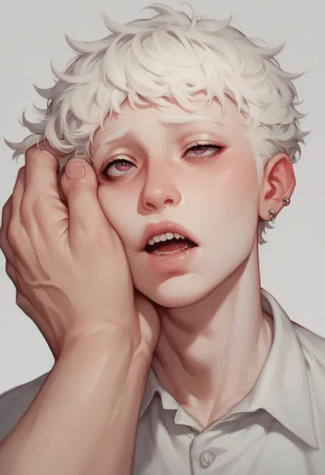 Create a drawing of a long-haired albino boy with a desperate face clutching his face leaving an eye in sight 