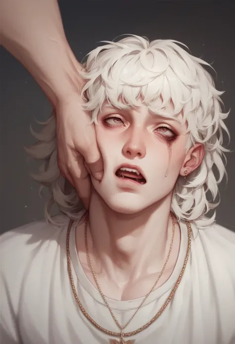 Create a drawing of a long-haired albino boy with a desperate face clutching his face leaving an eye in sight 