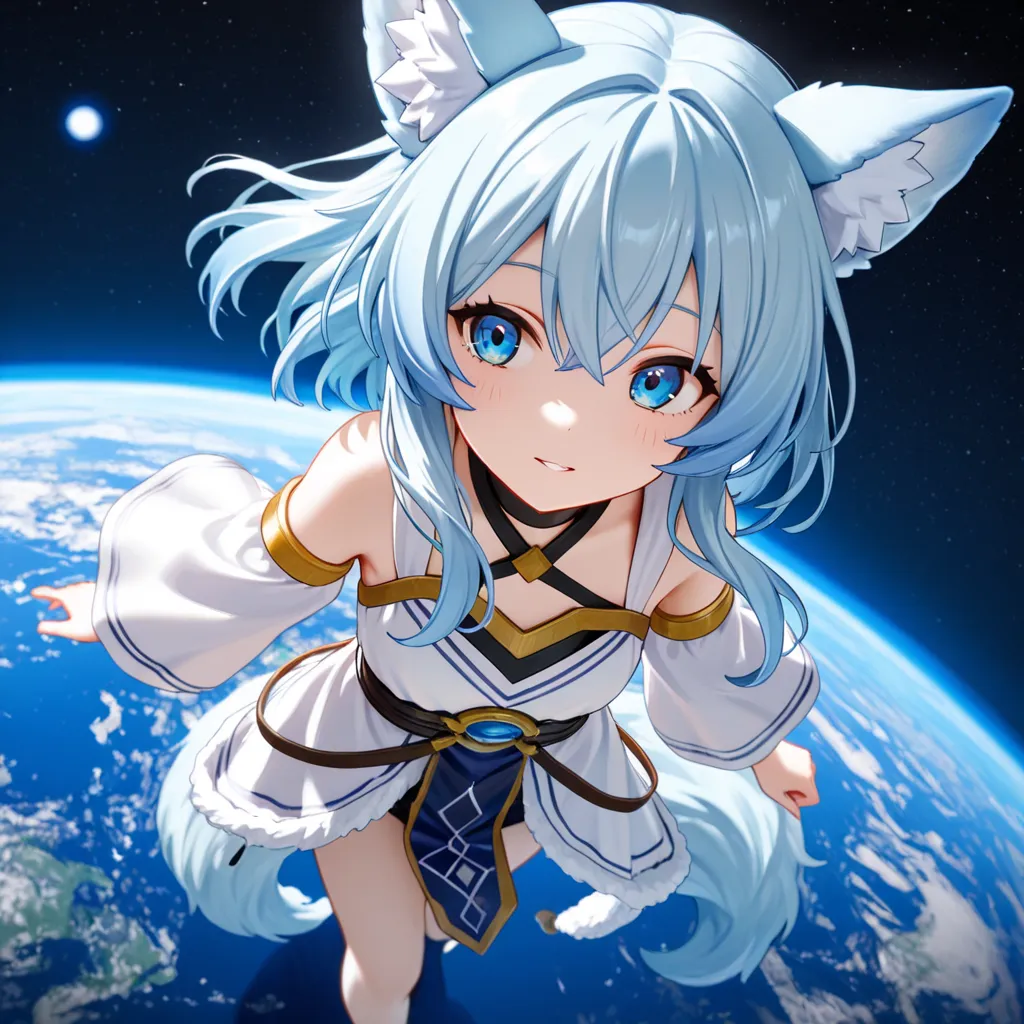 Io the Goddess of the Moon(She has gray-blue hair,  blue eyes, ears and a fox tail that is long and fluffy.), walking on the blue moon while observing planet Earth from afar.